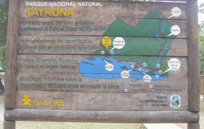 Cartelera ubicacion lugares en el ParqueTayrona